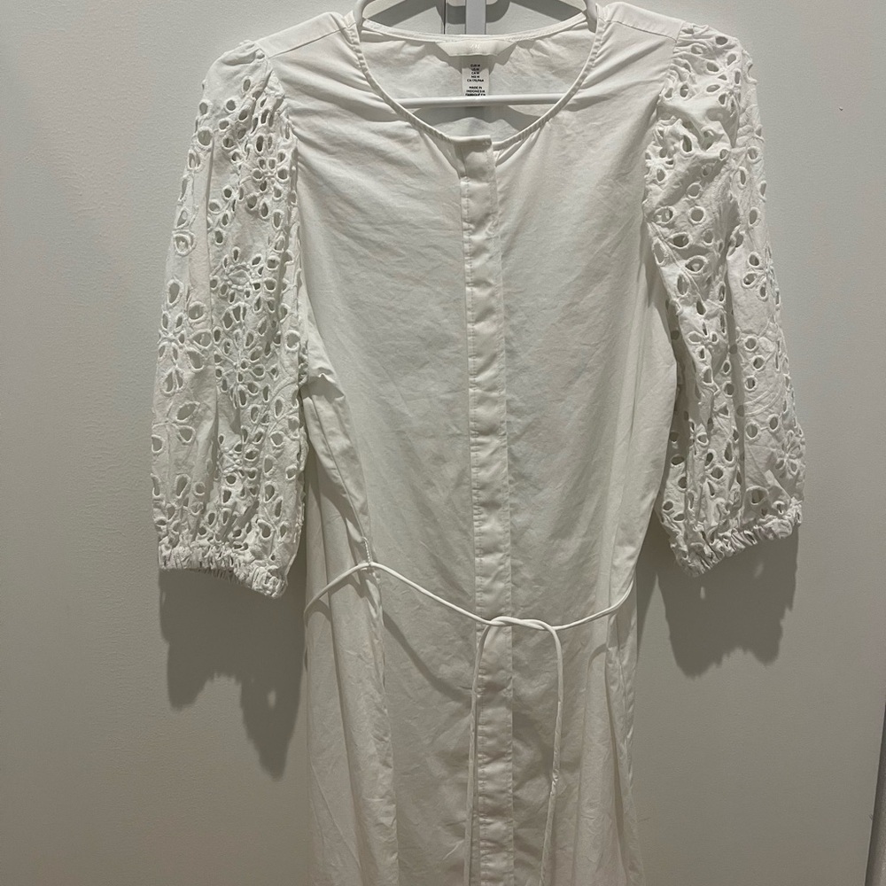 H&M White Mini Dress with Eyelet Sleeves